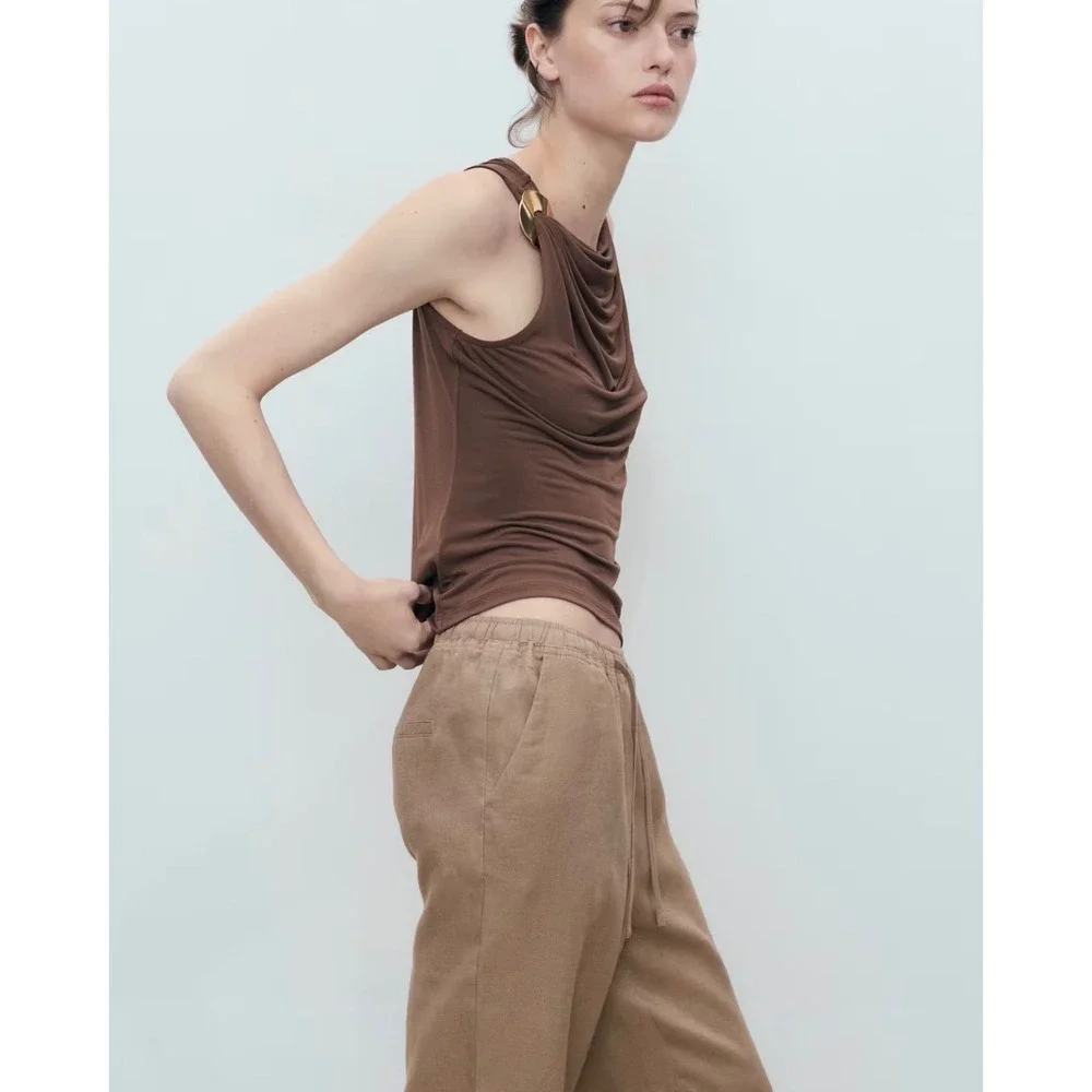 Mango MNG Women Medium Brown Linen Blend Drawstring Waist Trousers Size S NWT